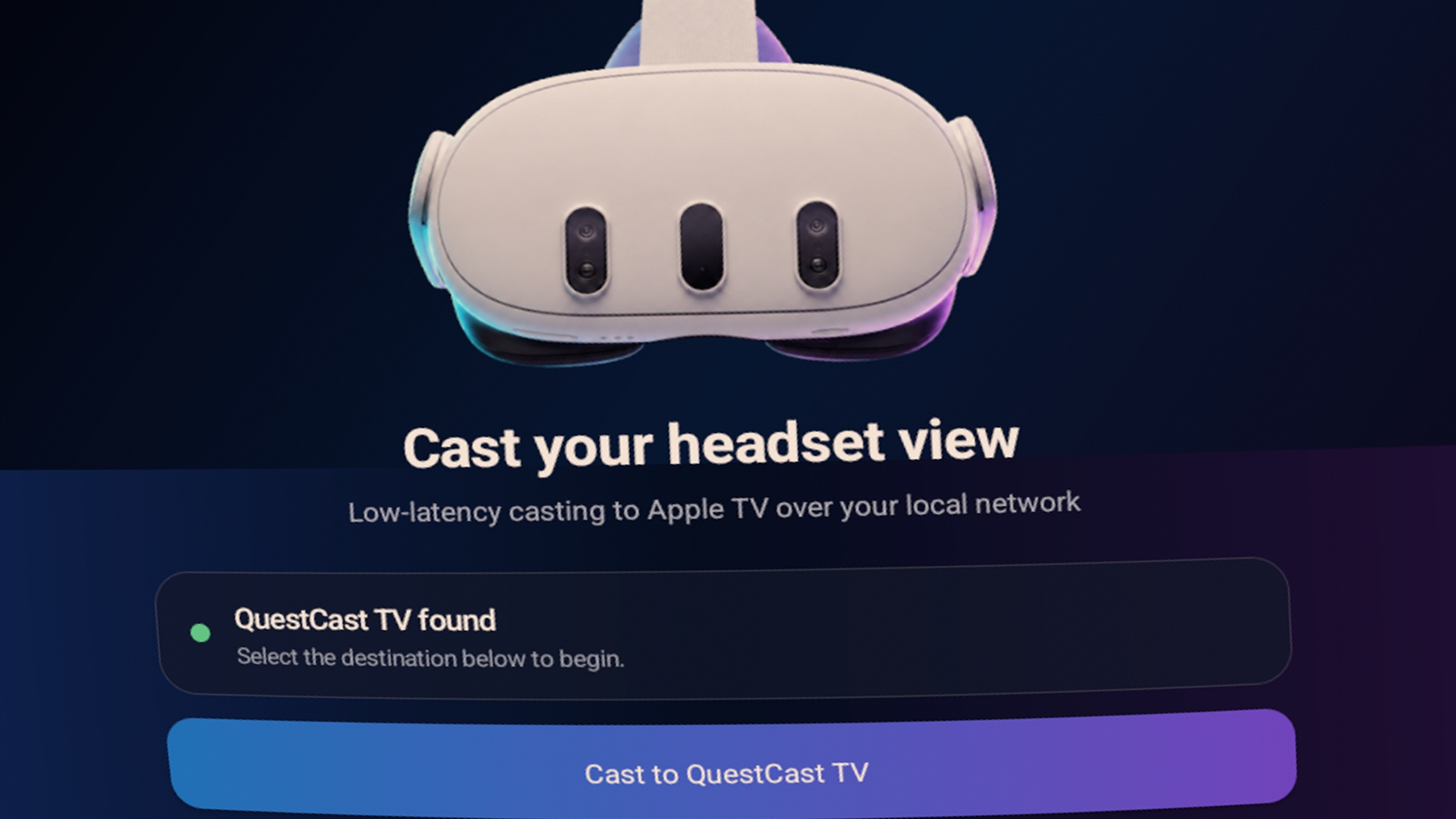 QuestCast interface waiting for a headset connection
